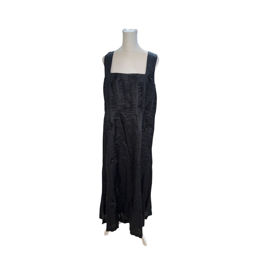 Ann Gerlin Black 100% Linen Floral Embroidered Pintuck Maxi Dress Womens Sz 14